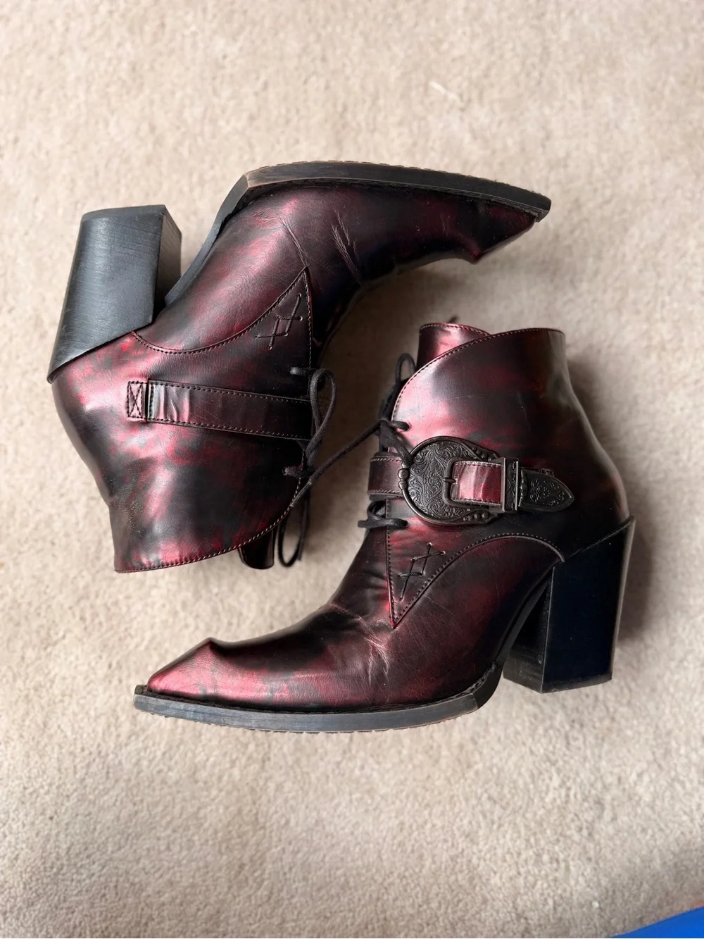 John Fluevog Swordfish Hi Fauvist Fries Iridescent Red Ankle Boots 8 EUC - Picture 7 of 14